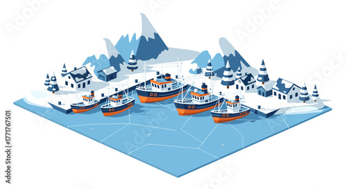 Charming winter harbor with colorful boats and snowy village in isometric art