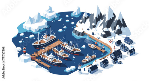 Arctic harbor scene with ships and snowy mountains in isometric design