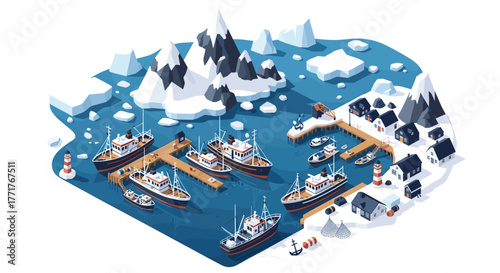 Snowy harbor scene with fishing boats and icebergs in isometric style