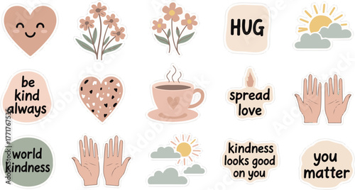 Collection of charming stickers with positive affirmations, cute illustrations, and warm greetings for expressing kindness and self-care