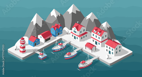 Charming coastal village with snowcapped mountains and fishing boats in isometric art