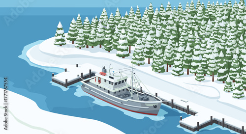Winter harbor scene with fishing boat and snowcovered forest