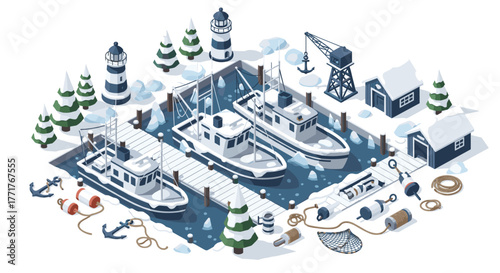 Isometric winter harbor scene with snowcovered boats and lighthouses