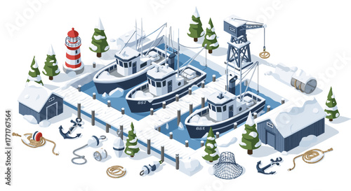 Snowy harbor scene featuring fishing boats and lighthouse in isometric design