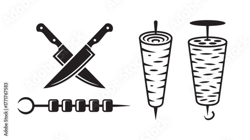 Black and white illustration of crossed knives, kebab skewers, and shawarma isolated on white background