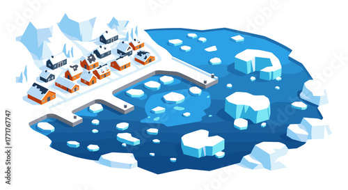 Charming winter village by frozen lake with snowy mountains and icebergs in playful cartoon style