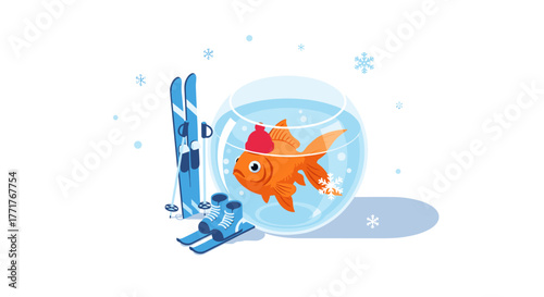 Goldfish with skis and winter hat in snowy fishbowl scene