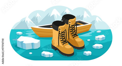 Mountain adventure hiking boots and boat on icy lake with snowy peaks