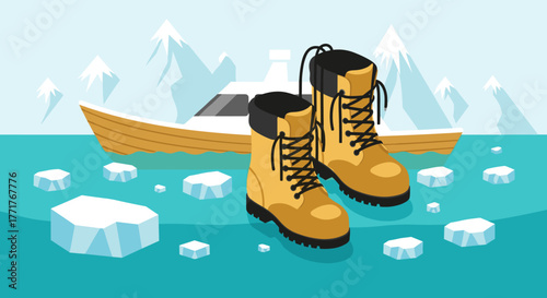 Surreal winter scene with hiking boots and boat among icebergs