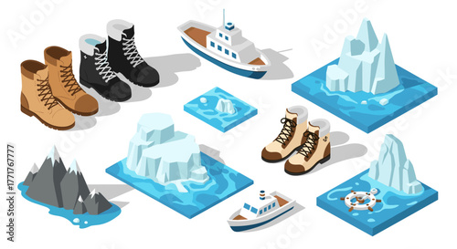 Arctic exploration set with boots, icebergs, and ships in isometric style