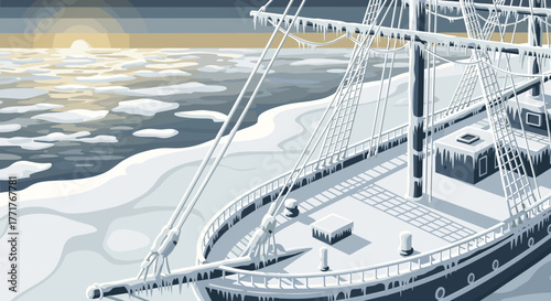 Frozen arctic expedition ship at sunrise in calm icy waters