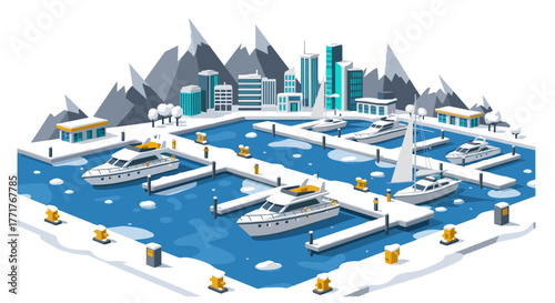 Isometric winter harbor scene with yachts and snowcovered mountains
