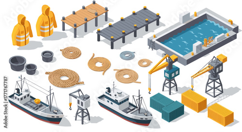 Maritime port isometric elements with ships, cranes, and docks for nautical projects