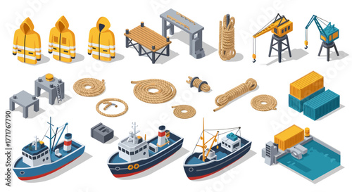 Isometric maritime port set with ships, cranes, and containers for nautical projects