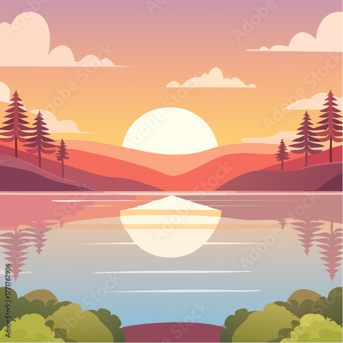Pixelated Landscape at Sunset with Reflections on Calm Water