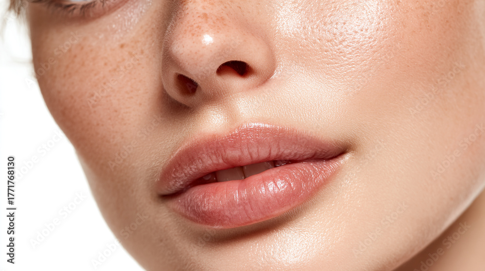 Fototapeta premium Close up of a woman's face showing her nose and lips with a focus on skin texture and tone