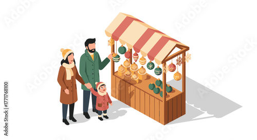 Family enjoying christmas market stall with festive decorations in isometric style