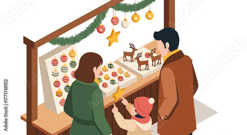 Family at festive christmas market stall with ornaments