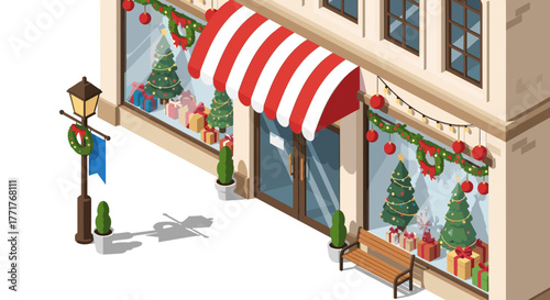 Festive shopfront with christmas decor and gifts in isometric style
