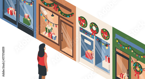 Festive holiday street scene with decorated shop windows and gifts in isometric style