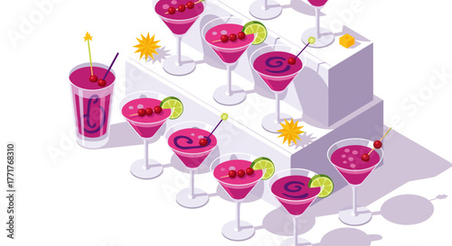 Colorful cocktail party isometric glasses with fruit garnish and ice cubes