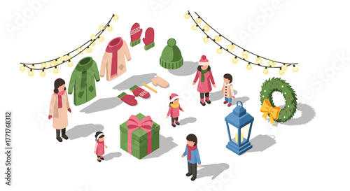 Isometric winter family scene with holiday decorations and warm clothing