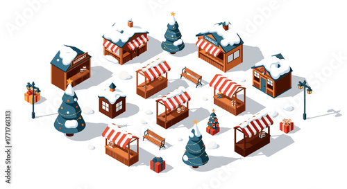 Isometric festive christmas market scene with decorated stalls and snowy trees