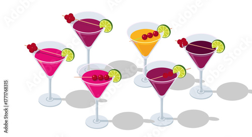 Colorful isometric cocktail glasses with lime and cherry garnish on white background