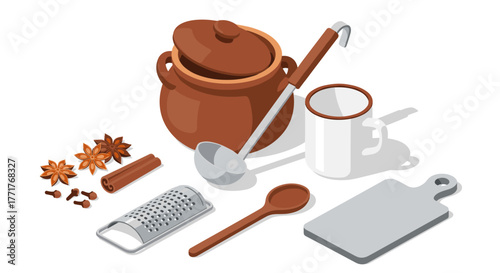 Isometric kitchen utensils set with pot, mug, and cutting board