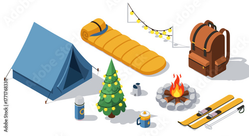Isometric camping essentials tent, sleeping bag, fire, backpack, and more