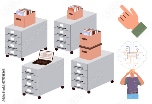 Rows of file cabinets with items thumbs up boxes and a laptop, alongside a pointing hand, a brain with circuits, and a stressed worker. Ideal for organization, work stress, creativity, technology