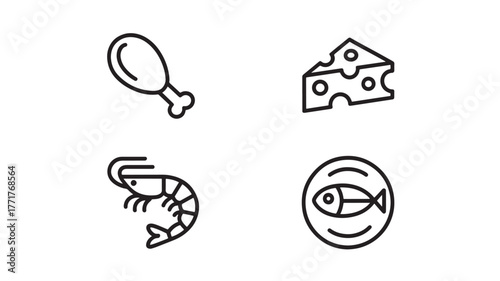 Food icons set isolated on white background, including chicken, cheese, shrimp, fish