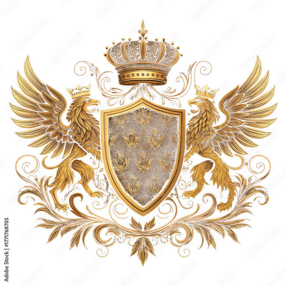 Fototapeta premium Coat of arms royal crest heraldic symbol gold griffins crown shield