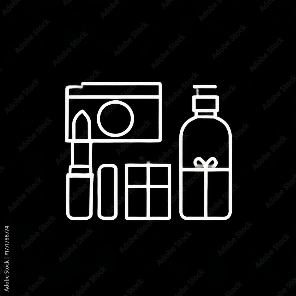 Fototapeta premium Cosmetic and makeup gift set icon, white line art, for a beauty store on a black background
