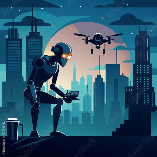 Silhouette of a humanoid robot repairing a flying drone under city lights