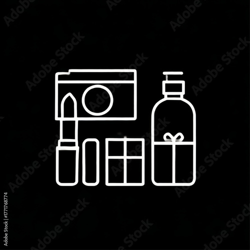 Cosmetic and makeup gift set icon, white line art, for a beauty store on a black background