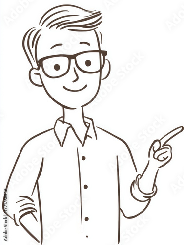 Friendly man with glasses, smiling and confident, pointing his finger against a white background