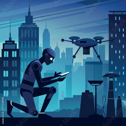 Silhouette of a humanoid robot repairing a flying drone under city lights