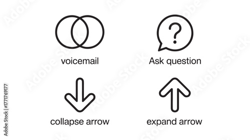 Voicemail, ask question, collapse arrow, and expand arrow icons isolated on white background