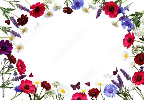 Vibrant oval wreath of wildflowers and greenery isolated on transparent background