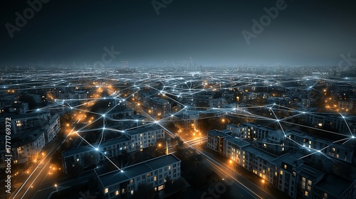 Futuristic cityscape at night showcases smart grid network with glowing lines connecting buildings, symbolizing advanced technology and connectivity. scene is illuminated by city lights