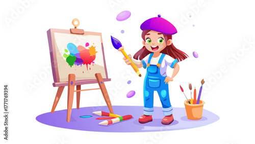 A creative 3D cartoon girl painting on a big canvas with colorful splashes, wearing a beret and overalls, surrounded by art tools, bright studio lighting