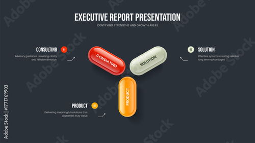 Business Innovation Three Element Diagram Frame Design. Sales Development Presentation Template Vector Illustration. Advertising Launch 3 Step Infographic Slide Layout.