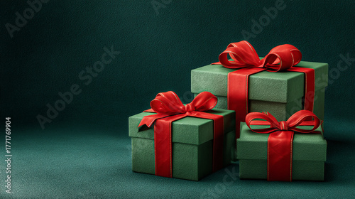 A festive display of three green gift boxes adorned with vibrant red ribbons and bows set
