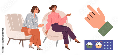 Two women seated and discussing while a hand pointer and a graphical timer interface represent decision-making. Ideal for teamwork, brainstorming, planning, creativity, time management, strategy