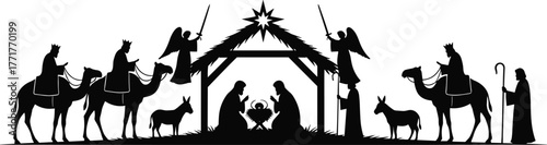 Nativity silhouette vector artwork, holy family manger scene, Christian Christmas design, sacred worship illustration, divine star Bethlehem symbol, cad drawing flat vector illustration