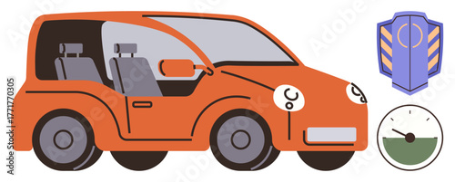 Bright orange compact car, safety badge for protection, and efficiency gauge for fuel monitoring. Ideal for automotive safety, eco-friendliness, transport, energy efficiency, modern vehicles