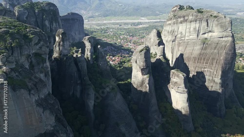 Aerial View of Meteora Rock Formations with Kalambaka and Kastraki
