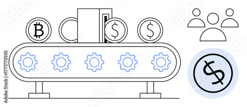 Coin operation on conveyor belt with gears in motion, cryptocurrency symbols, and team figures. Ideal for industries, finance, automation, teamwork, crypto, investment income simple flat metaphor