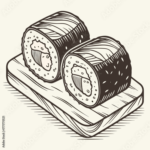 Two Sushi Rolls Detailed Vintage Rough Woodcut Engraving Linocut Style Vector Illustration